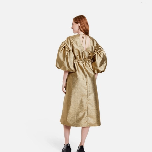 EUC Kika Vargas Dresses Puff Sleeve Scallop Back Midi Dress Large Gold - Picture 2 of 9